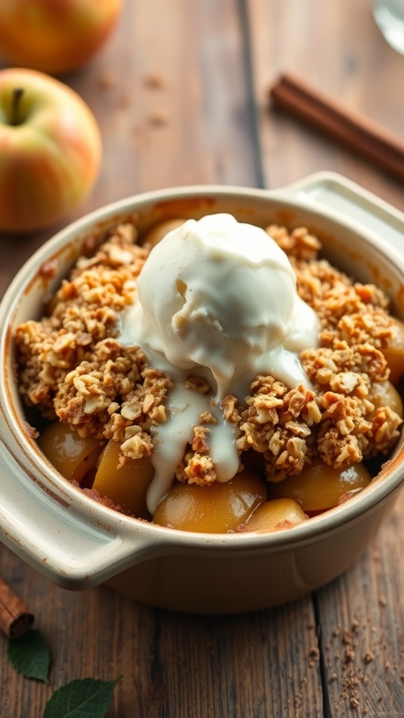 A warm apple crumble with oat topping and vanilla ice cream, served in a rustic dish on a wooden table.